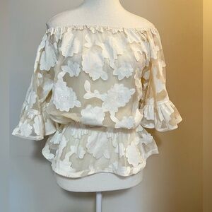 Gracia White Floral Off Shoulder Blouse L Sheer Romantic Ruffle Top